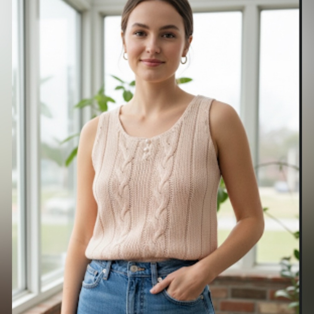 Cable Knit Sleeveless Top in light pink sweater vintage pearl button S/M